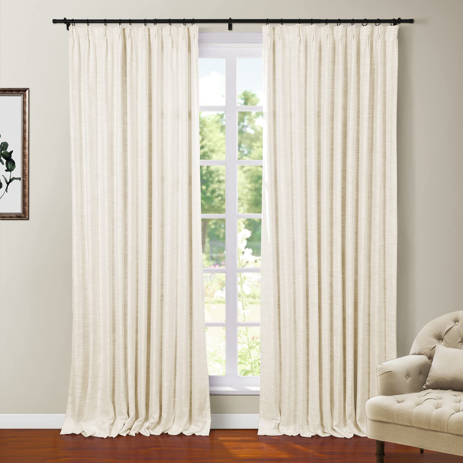 Twopages Faux Linen 84 Inches Long Ivory Blackout Curtain With Pinch Pleated And Back Tab For Living Room Kids Room Thermal Insu